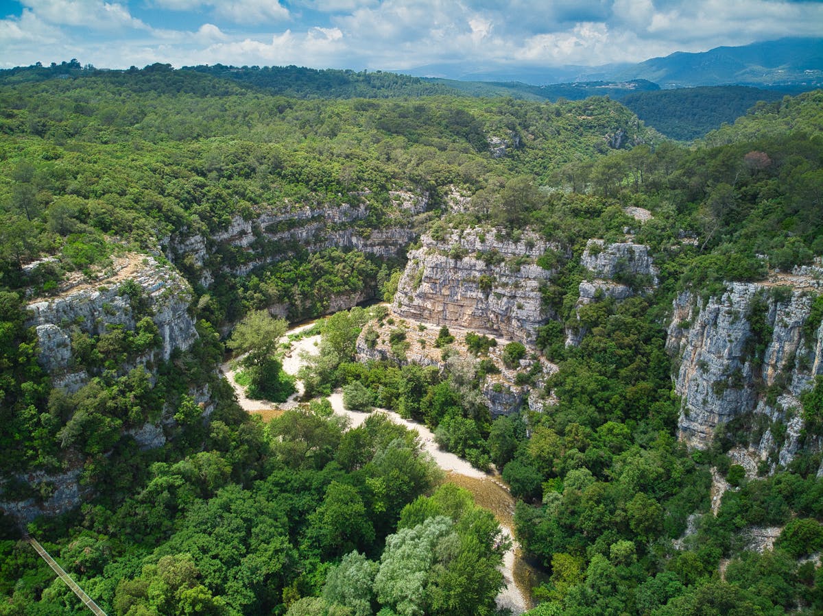 Aerial view of lush greenery and rocky limestone cliffs of the Verdon Gorge in Provence France