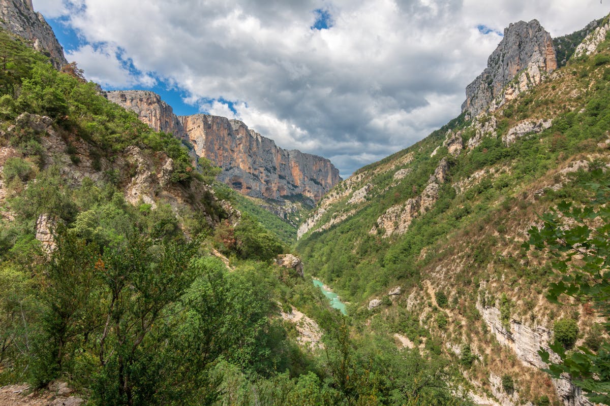 The Gorges du Verdon cutting through limestone cliffs with turquoise water far below in Provence France