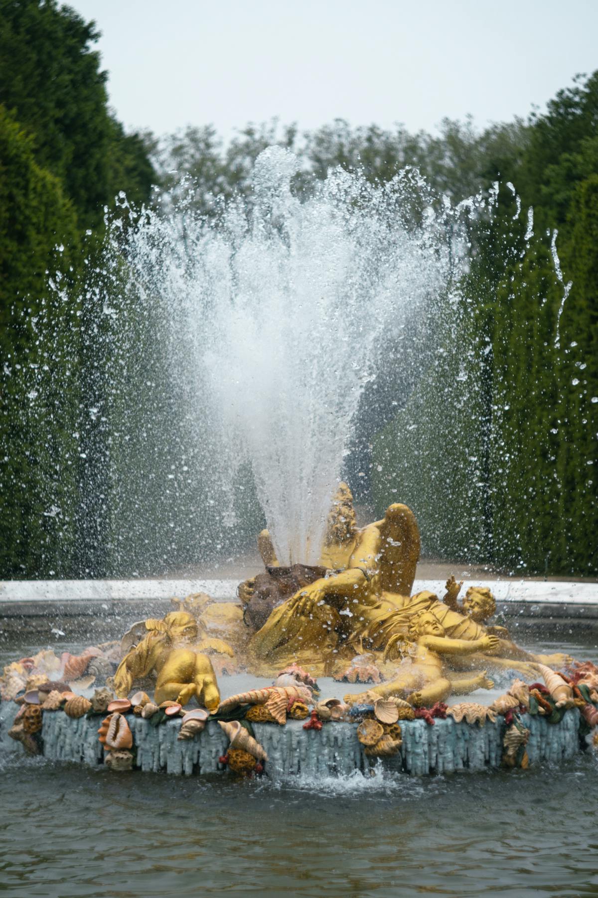 Detailed golden fountain surrounded by greenery in the Gardens of Versailles