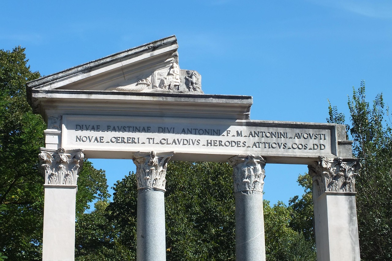 Stone Roman columns with classical architecture at the Villa Borghese in Rome