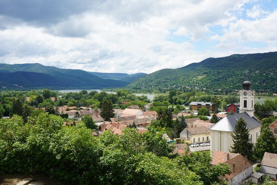 Aerial view of Visegrad rooftops and church