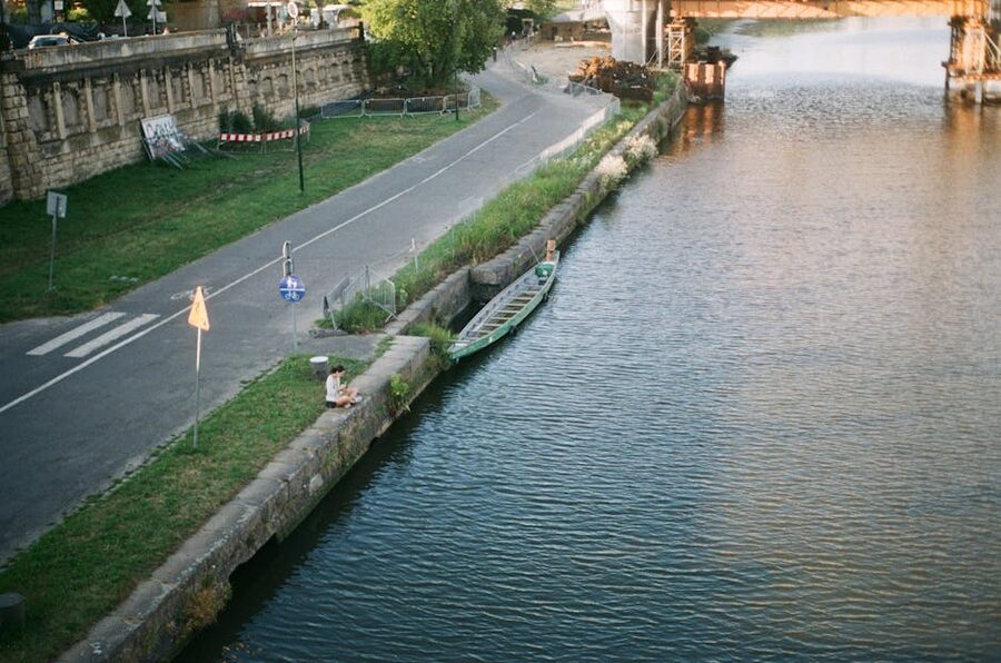 Aerial view of a boat on the Vistula River in Krakow