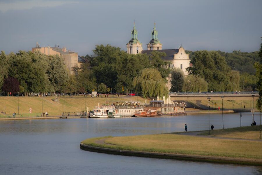 Vistula river view in Krakow with historic buildings