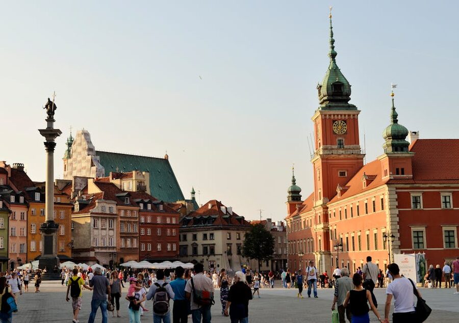 Warsaw Castle Square with Sigismund Column and Royal Castle on a clear day