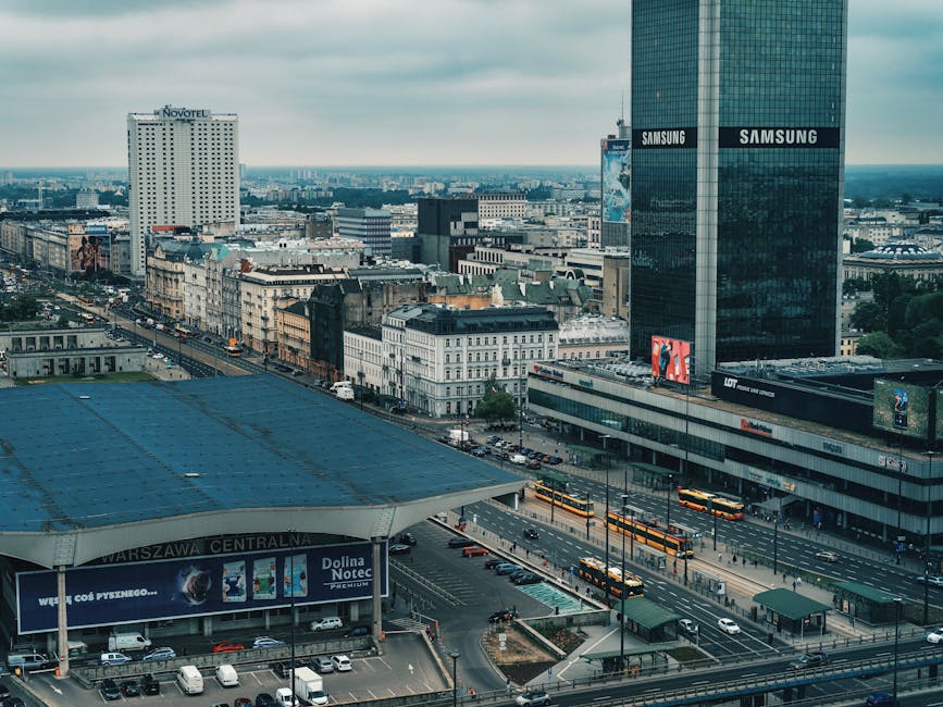 Aerial view of Warsaw Central Station and surrounding city