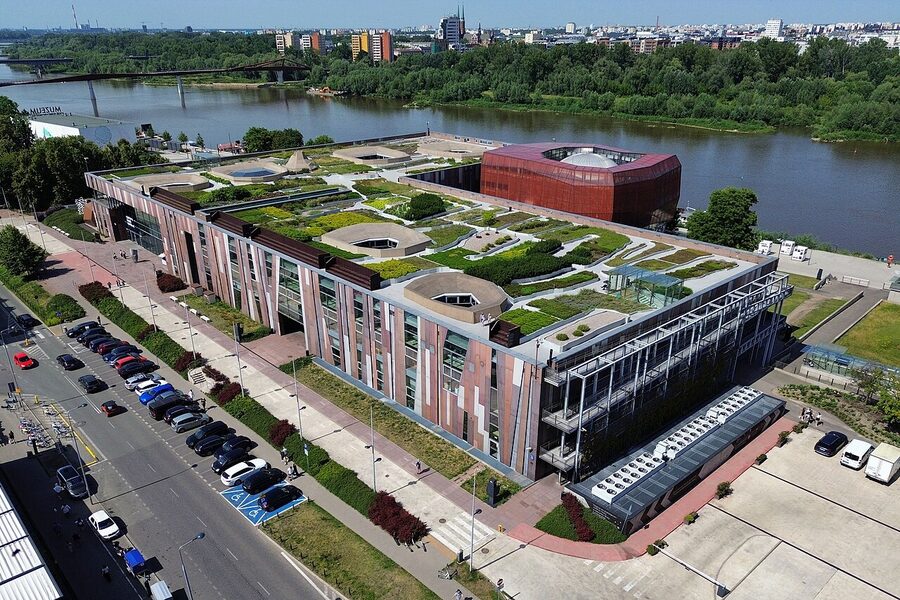Aerial view of Copernicus Science Centre Warsaw beside the Vistula river