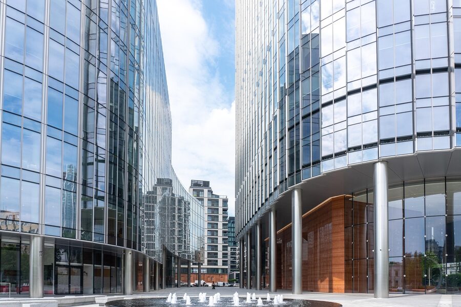 Modern Warsaw street with contemporary architecture