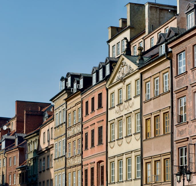 Colourful historic townhouses in Warsaw Old Town on a sunny day