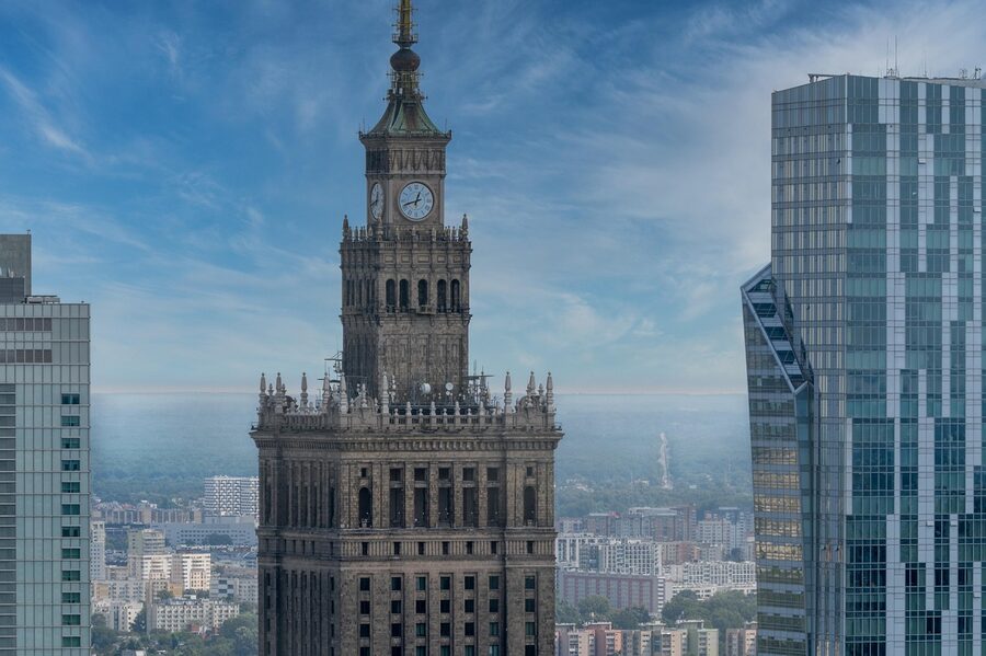 Warsaw skyline showing the Palace of Culture and Science with surrounding modern buildings