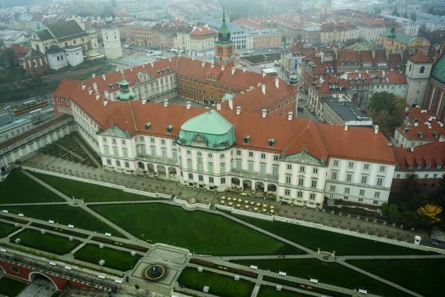 Warsaw Old Town aerial misty view