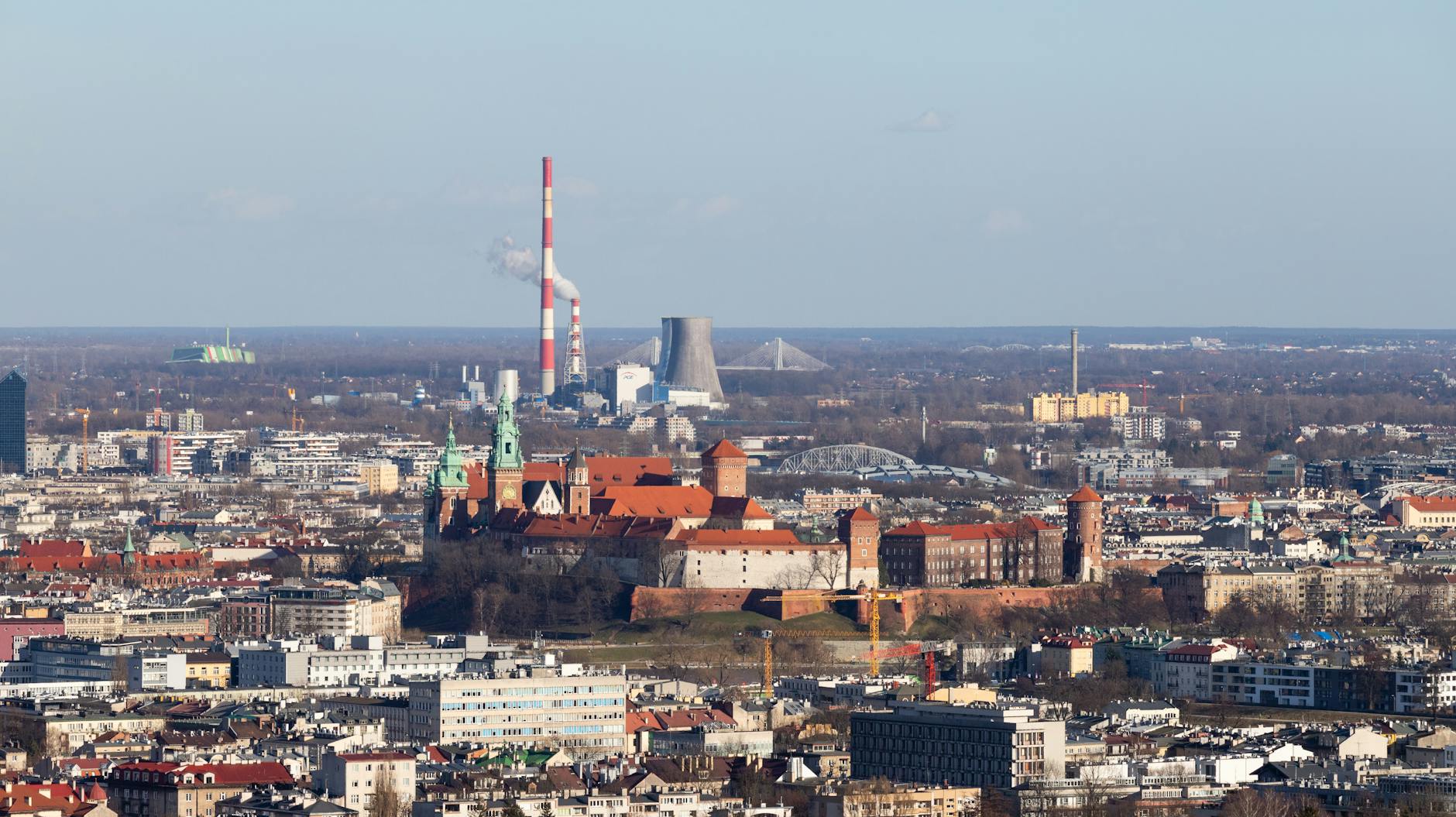 Aerial view of Wawel Castle complex and Krakow cityscape