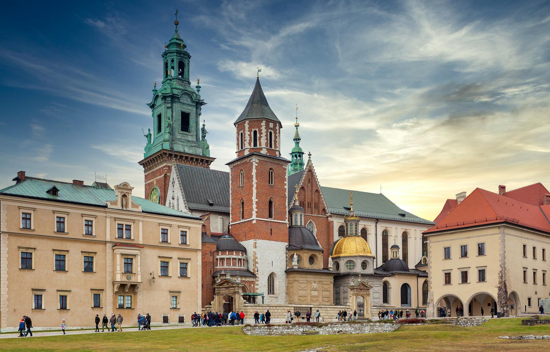 Wawel Cathedral and surrounding buildings at sunset