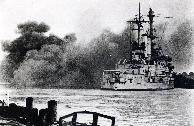 SMS Schleswig-Holstein firing on Westerplatte at dawn, 1 September 1939