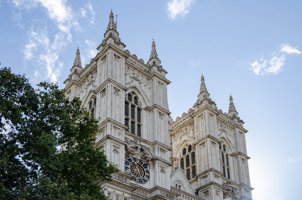 Westminster Abbey towers against London sky