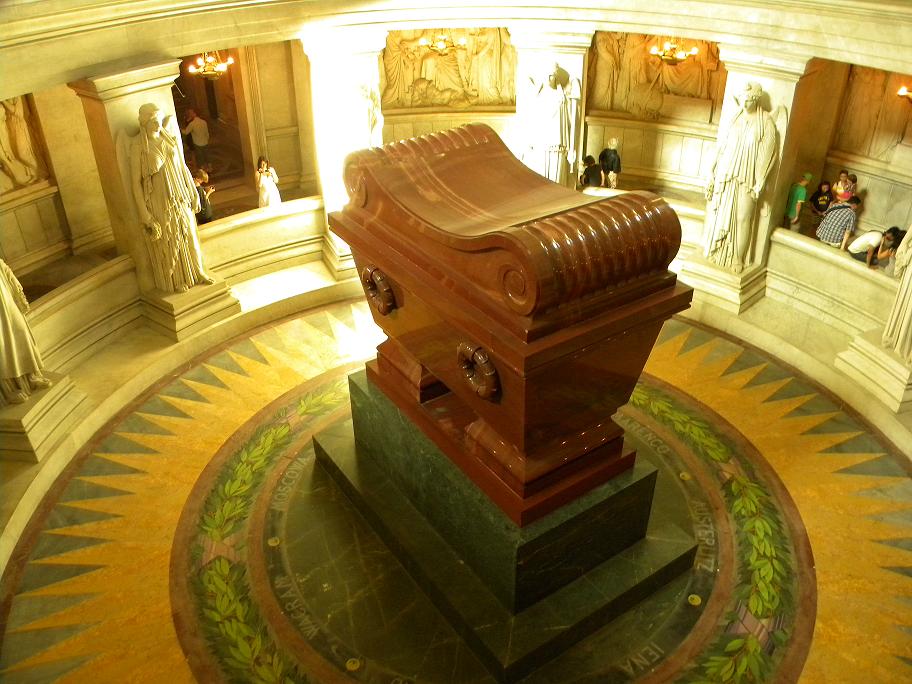 Close view of Napoleon red quartzite sarcophagus at Les Invalides in Paris