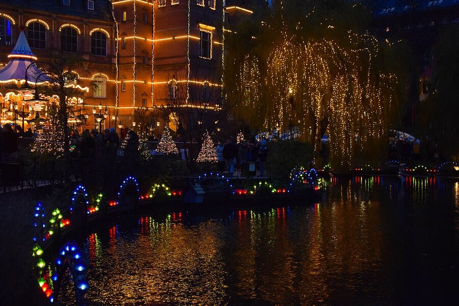 Christmas decorations and lights at Tivoli Gardens Copenhagen market