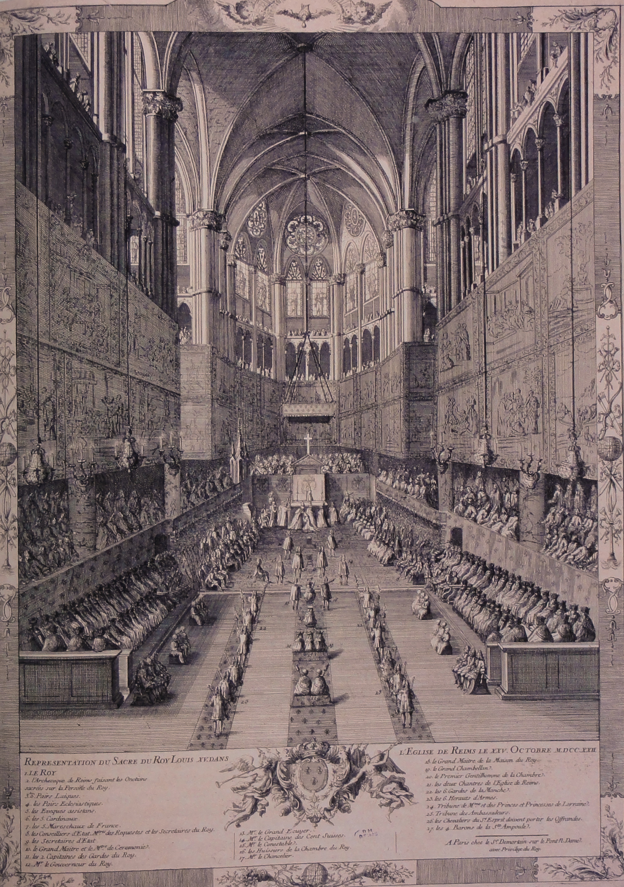 Historical painting depicting the coronation of Louis XV inside Reims Cathedral