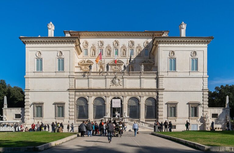 Exterior facade of Galleria Borghese museum building in Villa Borghese gardens Rome