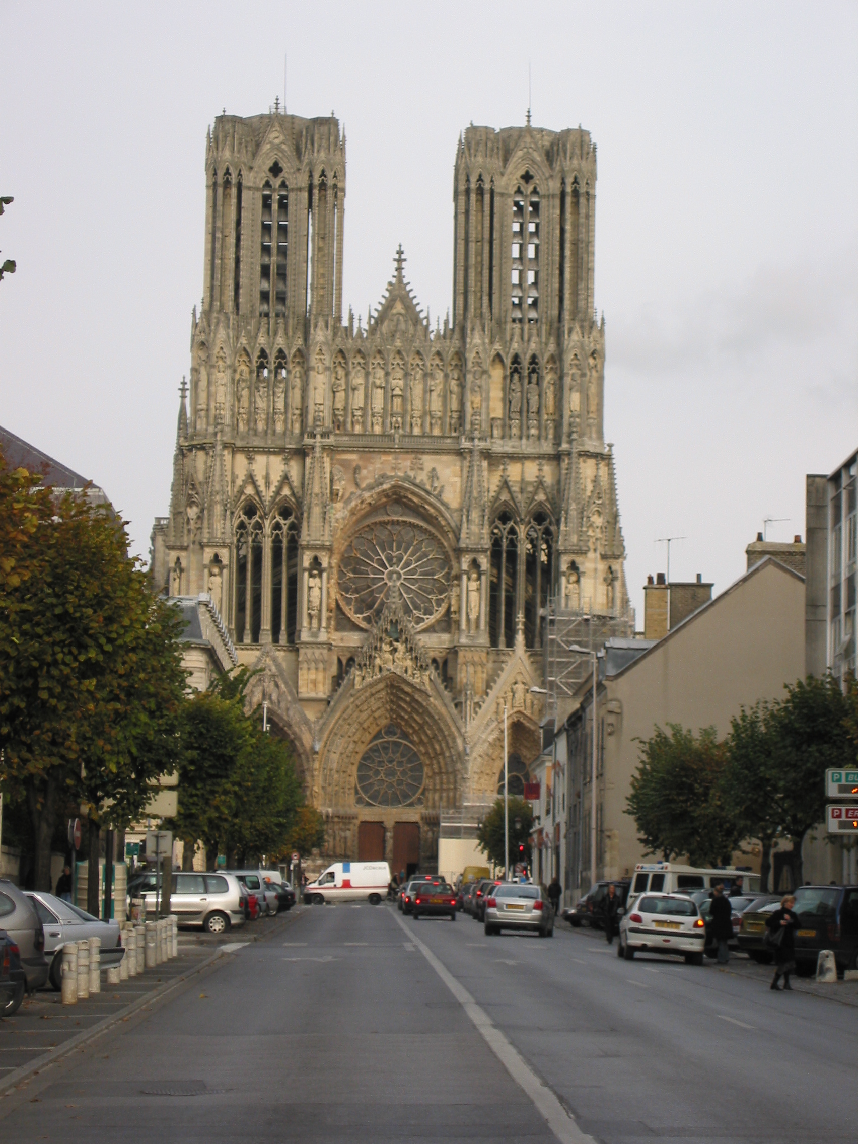 West front facade of Reims Cathedral showing Gothic architectural details