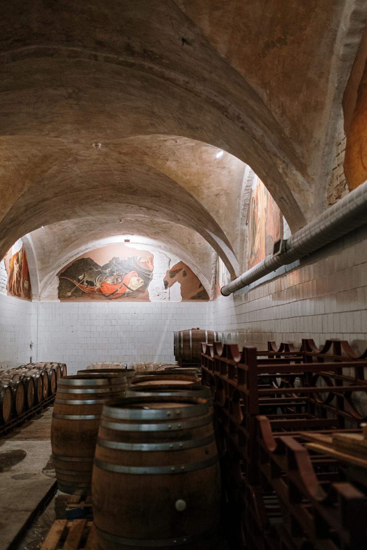 Atmospheric wine cellar with arched stone ceilings and rows of wooden barrels