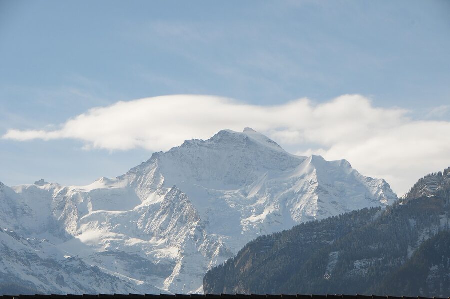 Snow-covered mountain peaks of the Bernese Alps near Interlaken in winter