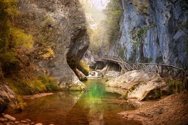 River gorge cutting through mountains in Andalusia Spain with turquoise water