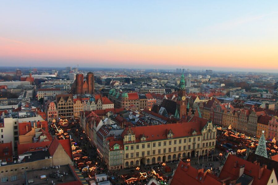 Aerial view of Wroclaw cityscape at sunset