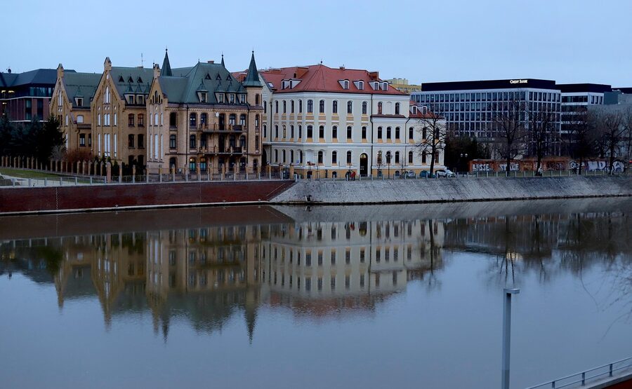 Wroclaw at twilight with reflection on the Oder River