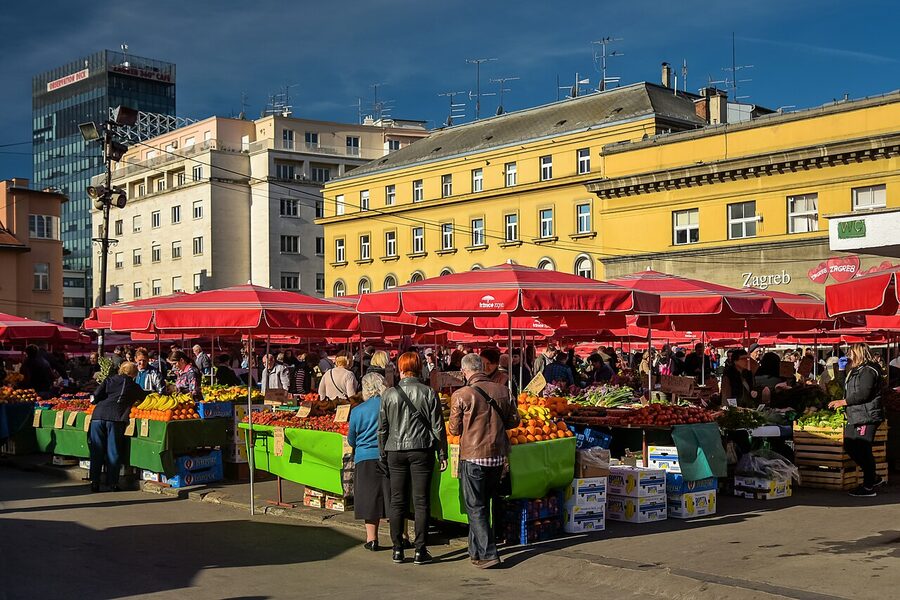 Zagreb Dolac Market red umbrella stalls vegetables