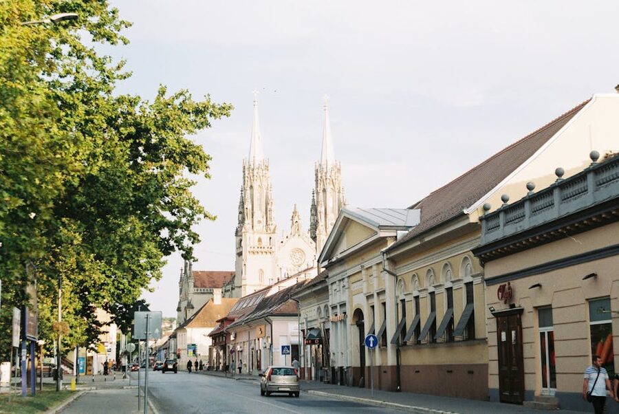 Zagreb European street with cathedral in background