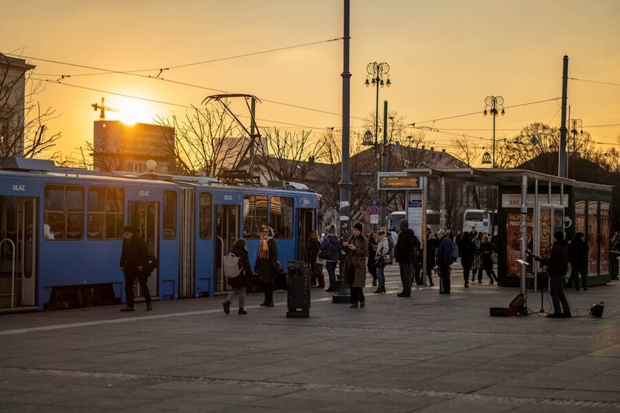 Zagreb blue trams sunset urban