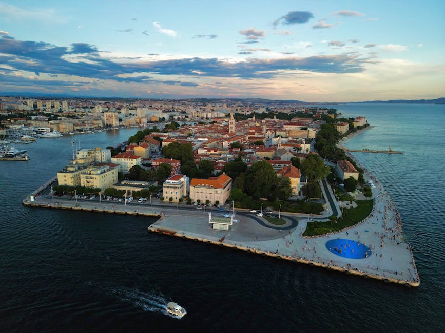 Zadar peninsula sunset aerial