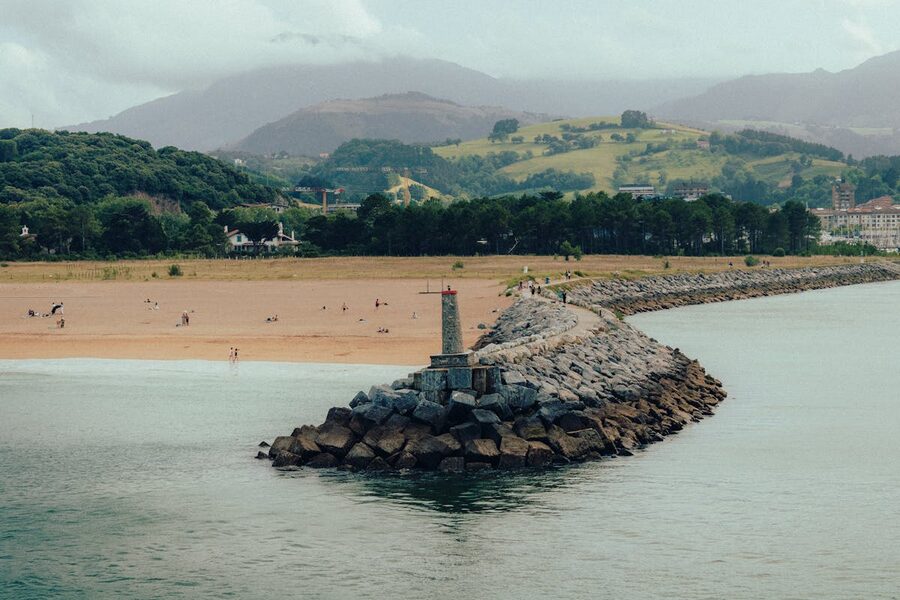 Zumaia beach with dramatic flysch geological formations in Basque Country Spain