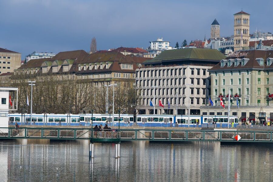 Zurich cityscape with trams and historic architecture