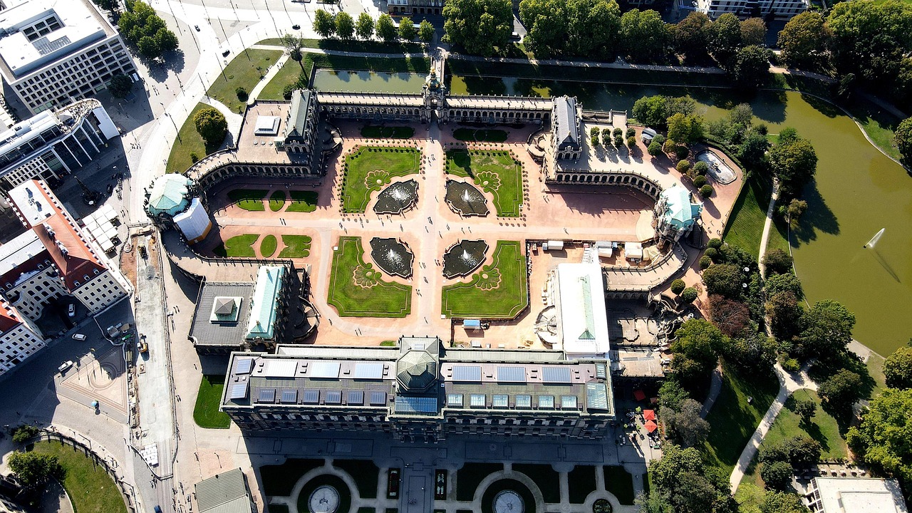 Aerial view of the Zwinger Palace gardens and buildings in Dresden