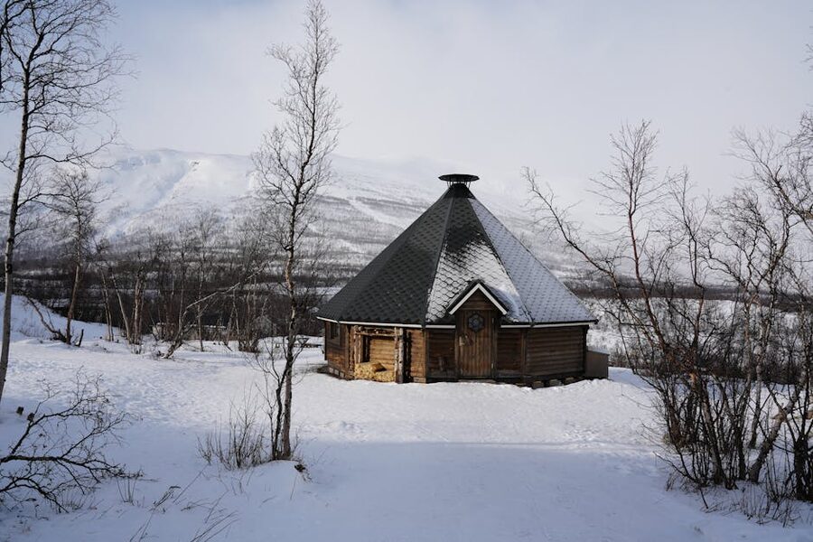 Scandinavian winter hut in Norrbotten Sweden
