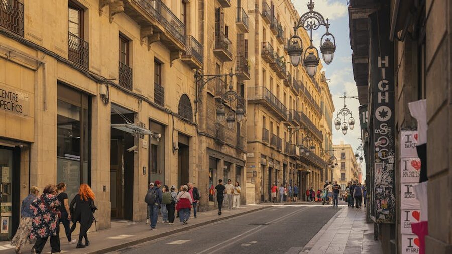 Barcelona historic quarter street with lamps
