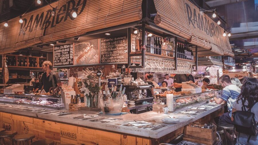 Barcelona market food stall scene