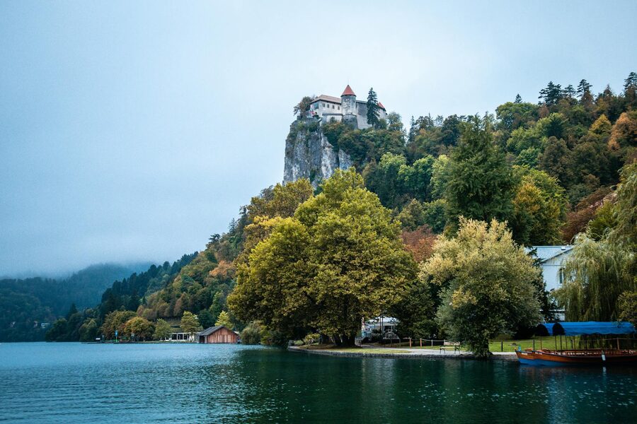 Bled Castle perched on the 130-metre clifftop above Lake Bled