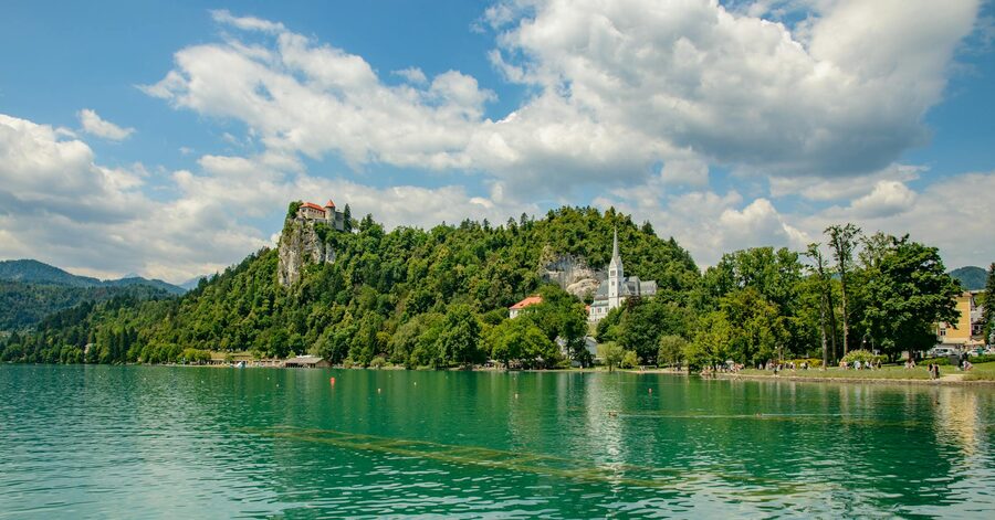 Bled Castle and Bled Island with the Julian Alps behind