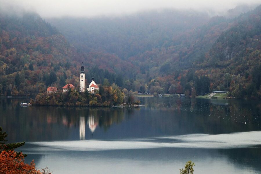 Bled Island and the Church of the Assumption in autumn mist