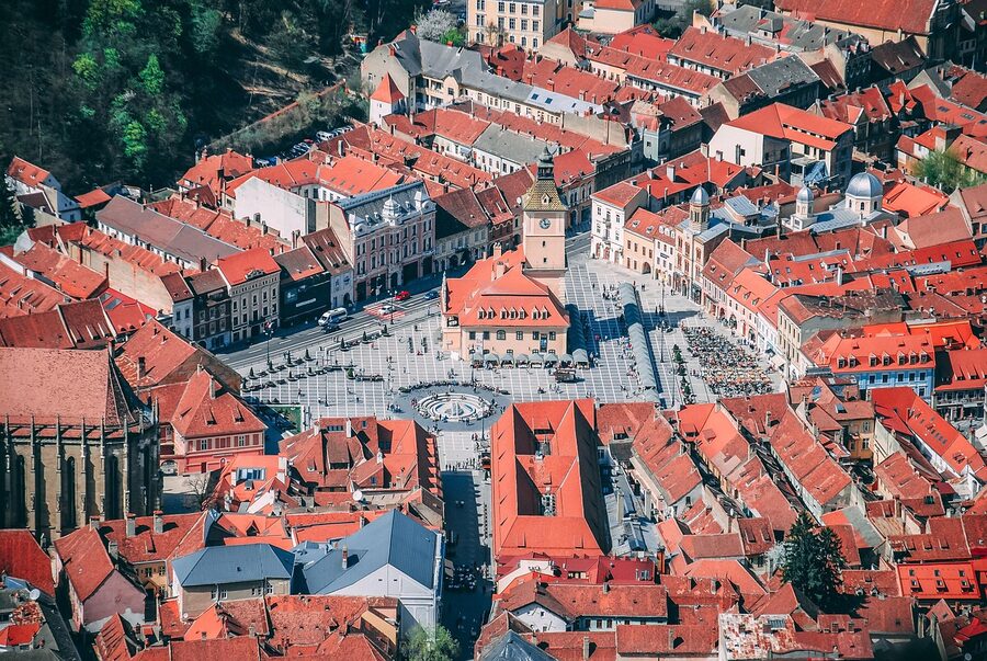 Brasov rooftops aerial view of historic streets