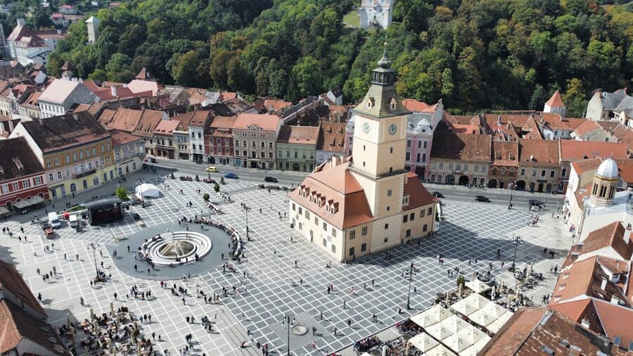 Brasov Council Square aerial view of historic centre