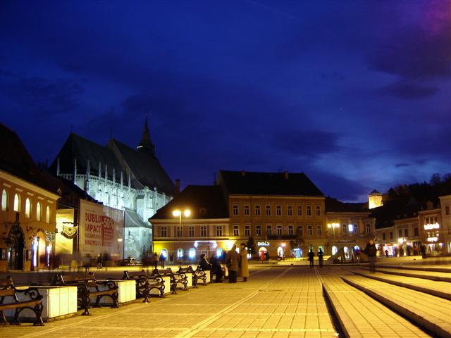 Brasov Council Square wide view with surrounding old town