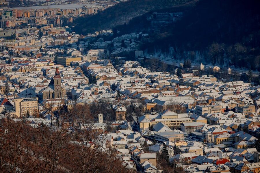 Brasov Romania aerial view in winter snow
