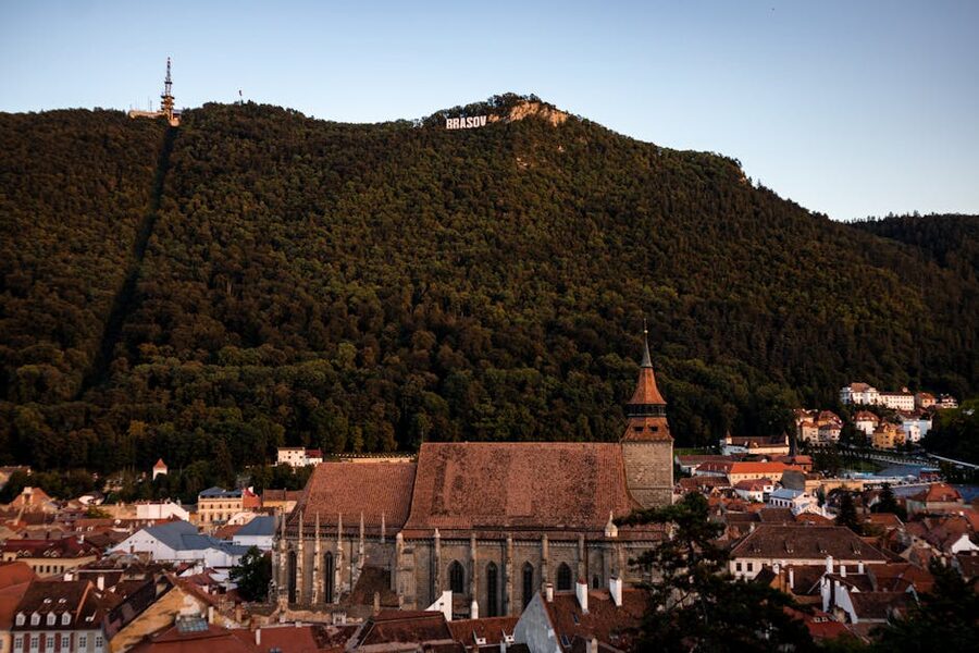 Aerial view of Brasov old town with Mount Tampa