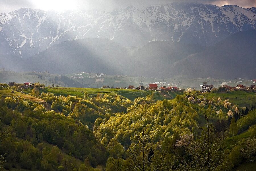 Evening light over Piatra Craiului mountains near Bran