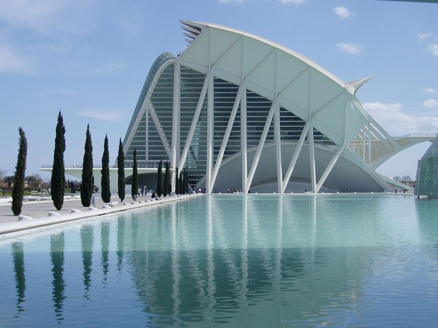 Principe Felipe Science Museum reflected in pool Valencia