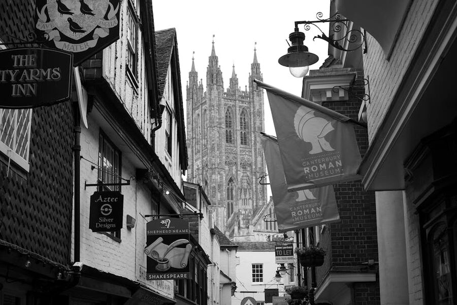 Canterbury Cathedral viewed from a historic alley
