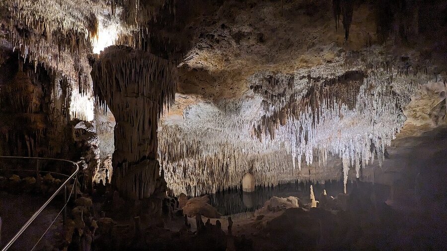 Descent stairway in the Caves of Drach Mallorca leading down into chambers